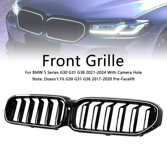 BMW 5 Series G30 G38 2021-2024 Black Front Kindey Grill Air Intake Radiator Double Slat Grille W/ LED Strip Light