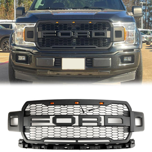 2018 2019 2020 Ford F-150 Raptor Style Grille With LED Lights Front Bumper Replacement Matte Black Grille