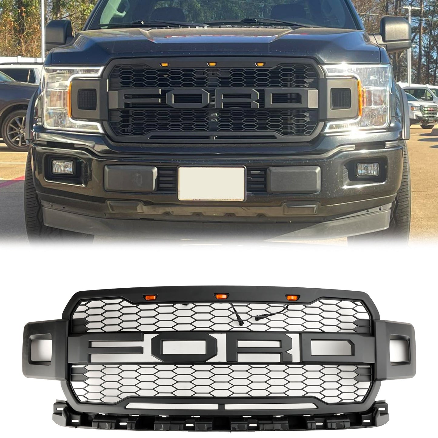 2018-2020 Raptor Style Ford F 150 Matt Black Front Grille Air Intake Radiator Bumper Honeycomb Grill + LED light