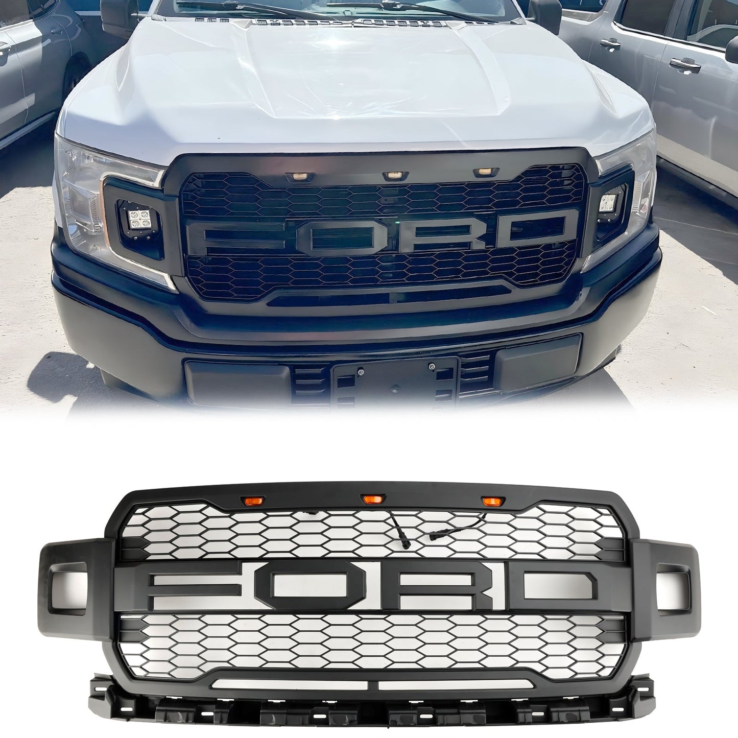 2018-2020 Raptor Style Ford F 150 Matt Black Front Grille Air Intake Radiator Bumper Honeycomb Grill + LED light