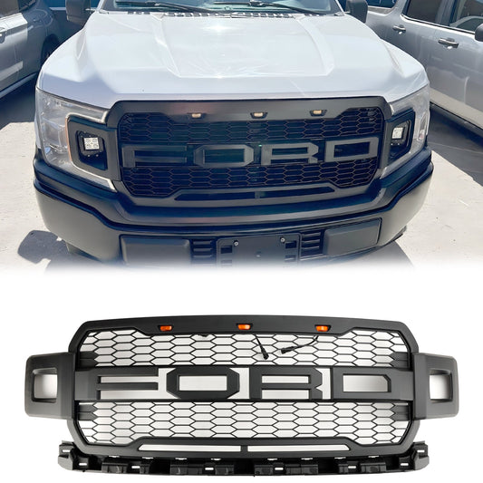 2018-2020 Raptor Style Ford F 150 Matt Black Front Grille Air Intake Radiator Bumper Honeycomb Grill + LED light