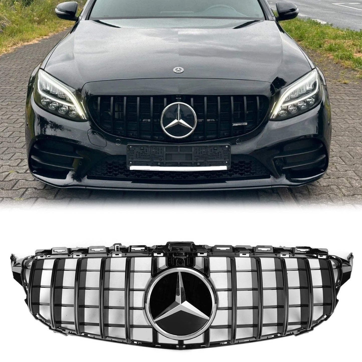 2019-2021 Mercedes Benz C-Class W205 C205 A205 C200/250/300/200d/C43 Black Grille W/Camera GTR Style Grill