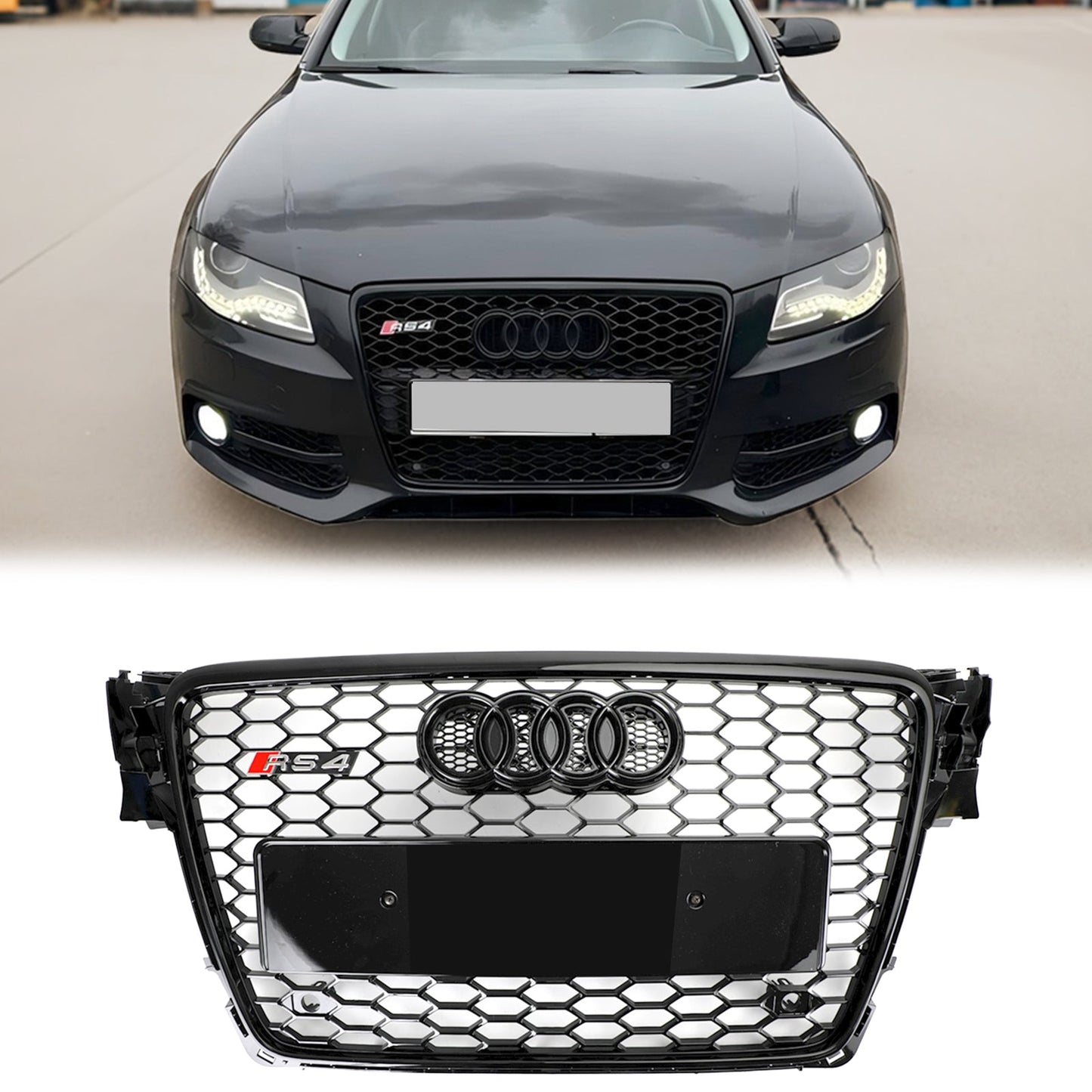 2008-2012 Audi A4 / A4 Avant B8 RS4 Style Honeycomb Mesh Hex Grill Gloss Black Grille + Fog Light Grille