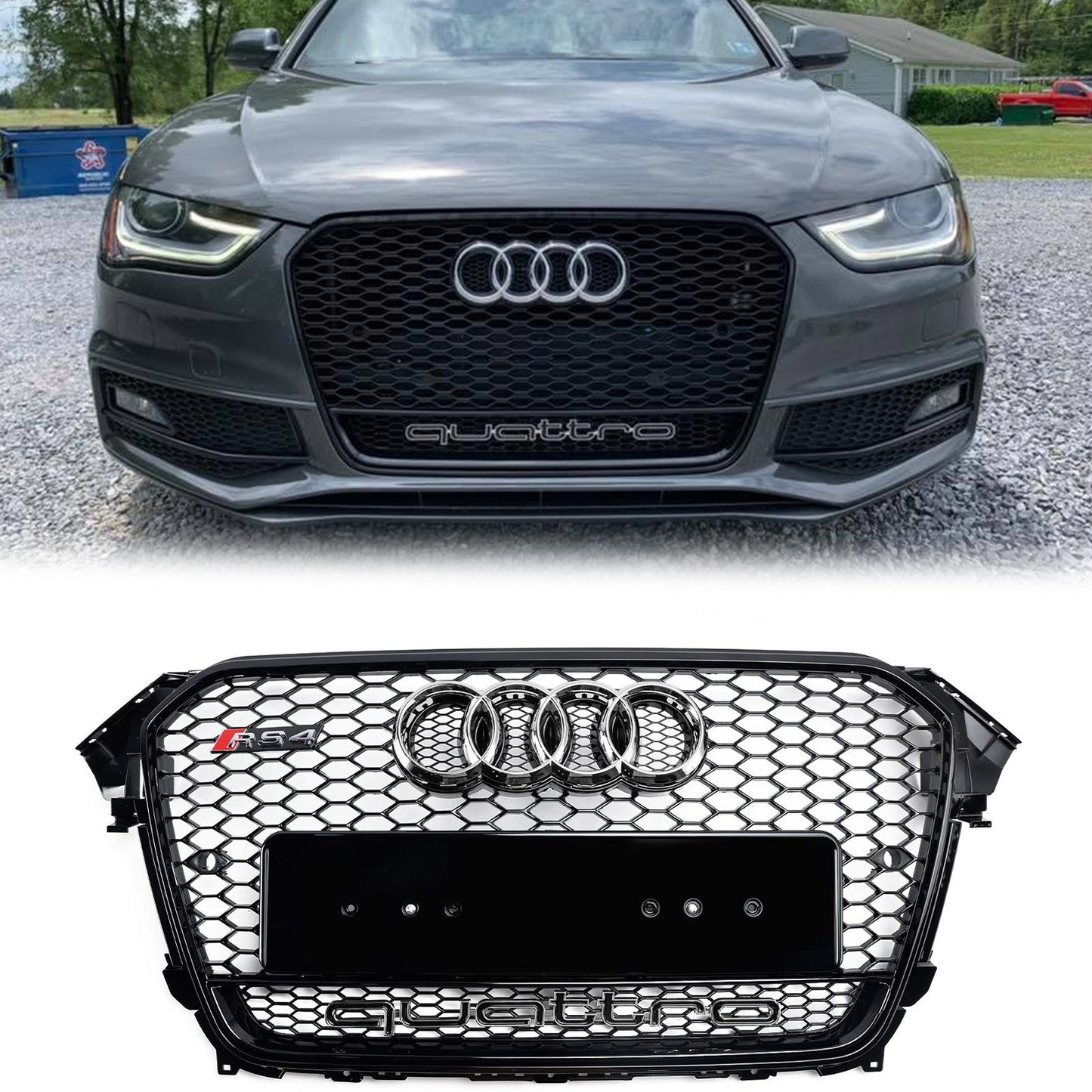 2012 2013 2014 2015 2016 Audi A4 / A4 Sline / S4 B8.5 RS4 Style Gloss Black Grill Honeycome Mesh Sport Hex Front Grille W/ Emblem