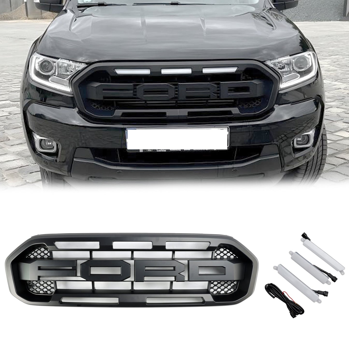 2019 2020 2021 2022 2023 Ford Ranger Matte Black Raptor Style Front Grill Replacement Grille With White LED Light