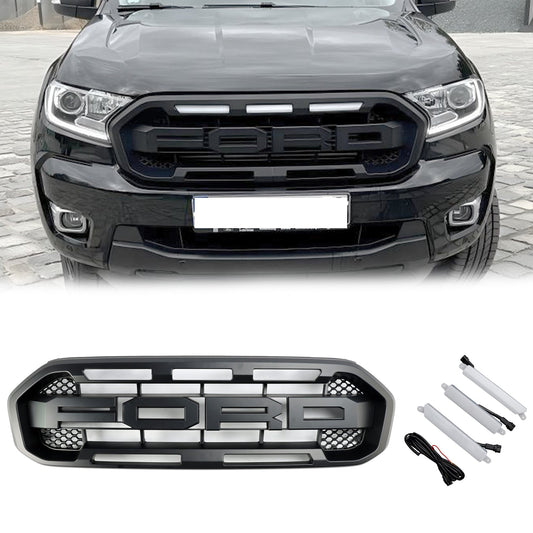 Ford Ranger 2019-2023 Front Bumper Grill Raptor / Honeycomb / Mesh Style Black Grille W/ 3 White LED Light