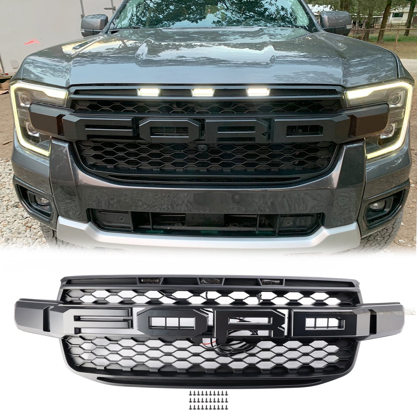 2023 2024 Ford Ranger Front Grill Raptor Black Grille With White LED Light With Camera Mount