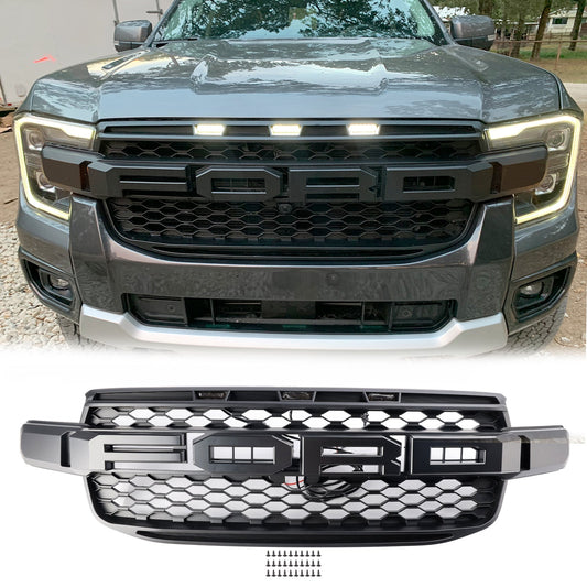 2023 2024 Ford Ranger Front Grill Raptor Black Grille With White LED Light With Camera Mount