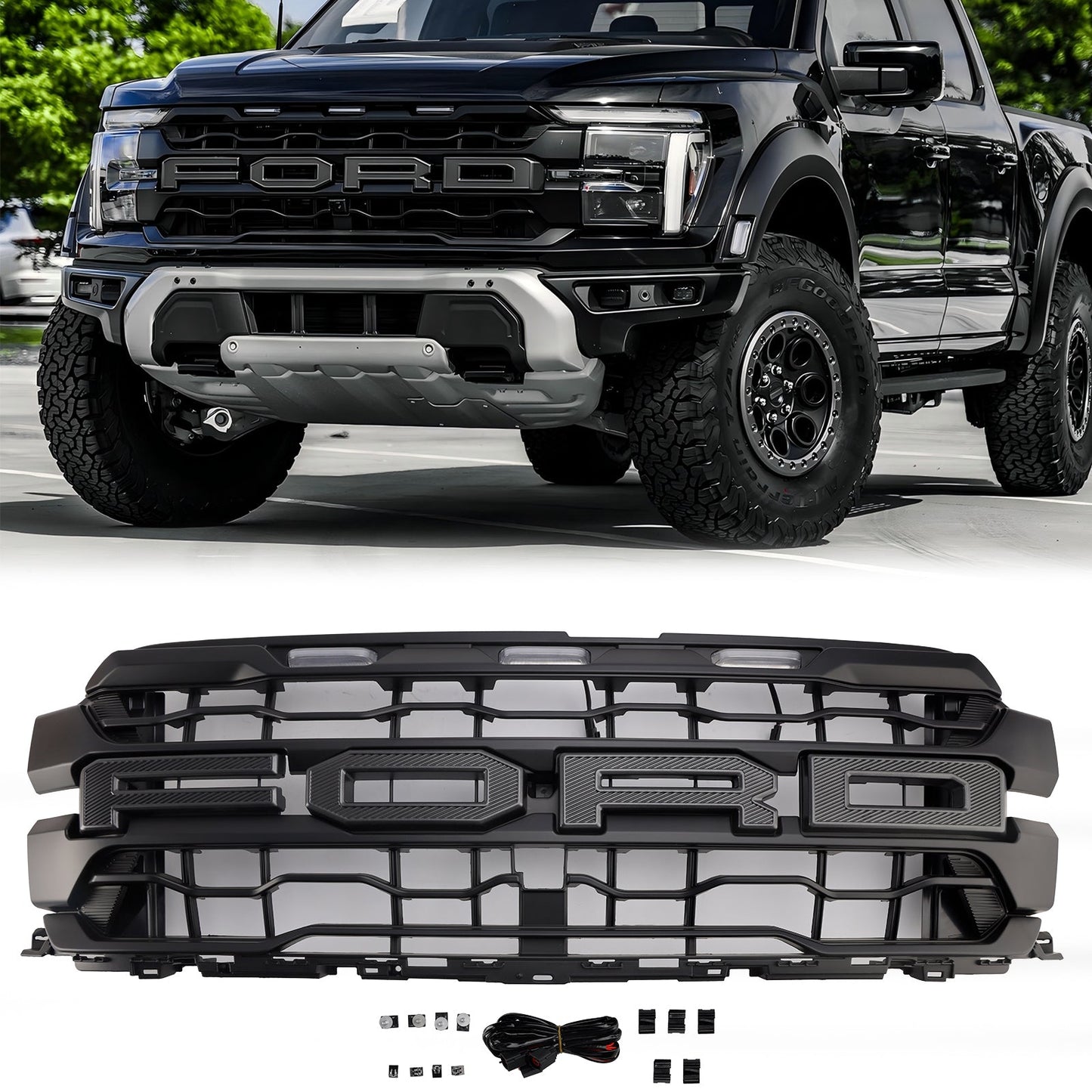 2024-2025 Ford F150 Raptor Grill Front Bumper Black Replacement Grille W/ LED Light