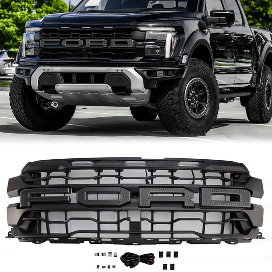 Ford F150 Raptor 2024+ Black Front Grille Air Intake Radiator Bumper Original Grill W/ Letter + LED