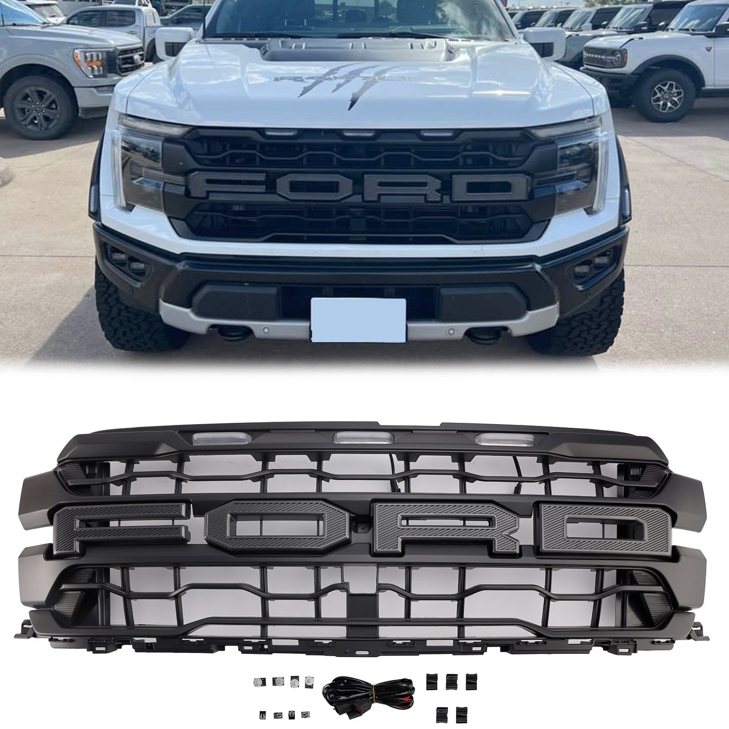 2024-2025 Ford F150 Raptor Grill Front Bumper Black Replacement Grille W/ LED Light