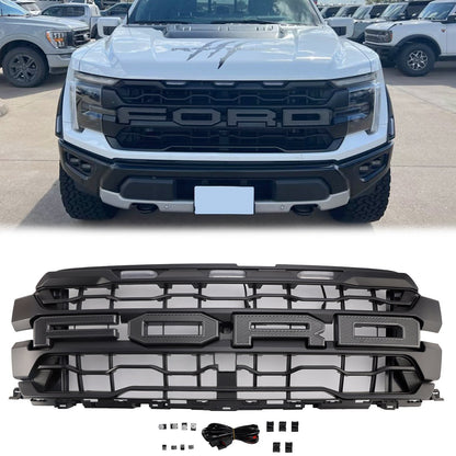 2024-2025 Ford F150 Raptor Grill Front Bumper Black Replacement Grille W/ LED Light
