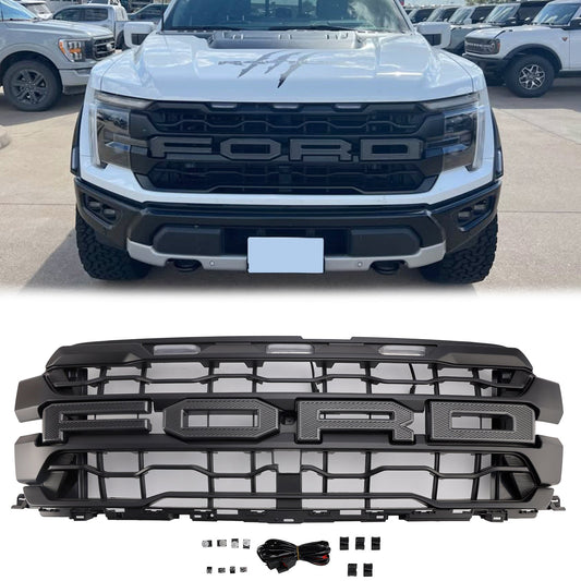 2024-2025 Ford F150 Raptor Grill Front Bumper Black Replacement Grille W/ LED Light